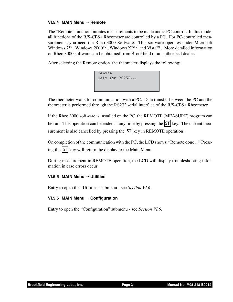 Vi.5.4 main menu → remote, Vi.5.5 main menu → utilities, Vi.5.6 main menu → configuration | Brookfield R/S CPS Rheometer User Manual | Page 31 / 62