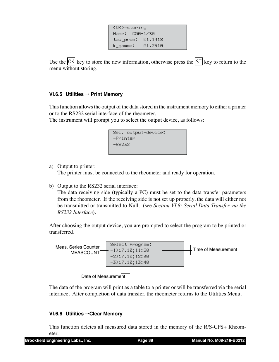 Vi.6.5 utilities → print memory, Vi.6.6 utilities → clear memory | Brookfield R/S CPS Rheometer User Manual | Page 38 / 62