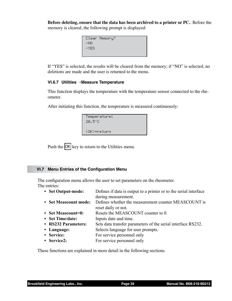 Vi.6.7 utilities → measure temperature, Vi.7 menu entries of the configuration menu | Brookfield R/S CPS Rheometer User Manual | Page 39 / 62