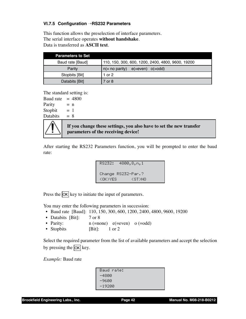 Vi.7.5 configuration → rs232 parameters | Brookfield R/S CPS Rheometer User Manual | Page 42 / 62