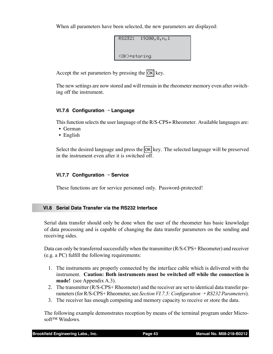 Vi.7.6 configuration → language, Vi.7.7 configuration → service, Vi.8 serial data transfer via the rs232 interface | Brookfield R/S CPS Rheometer User Manual | Page 43 / 62