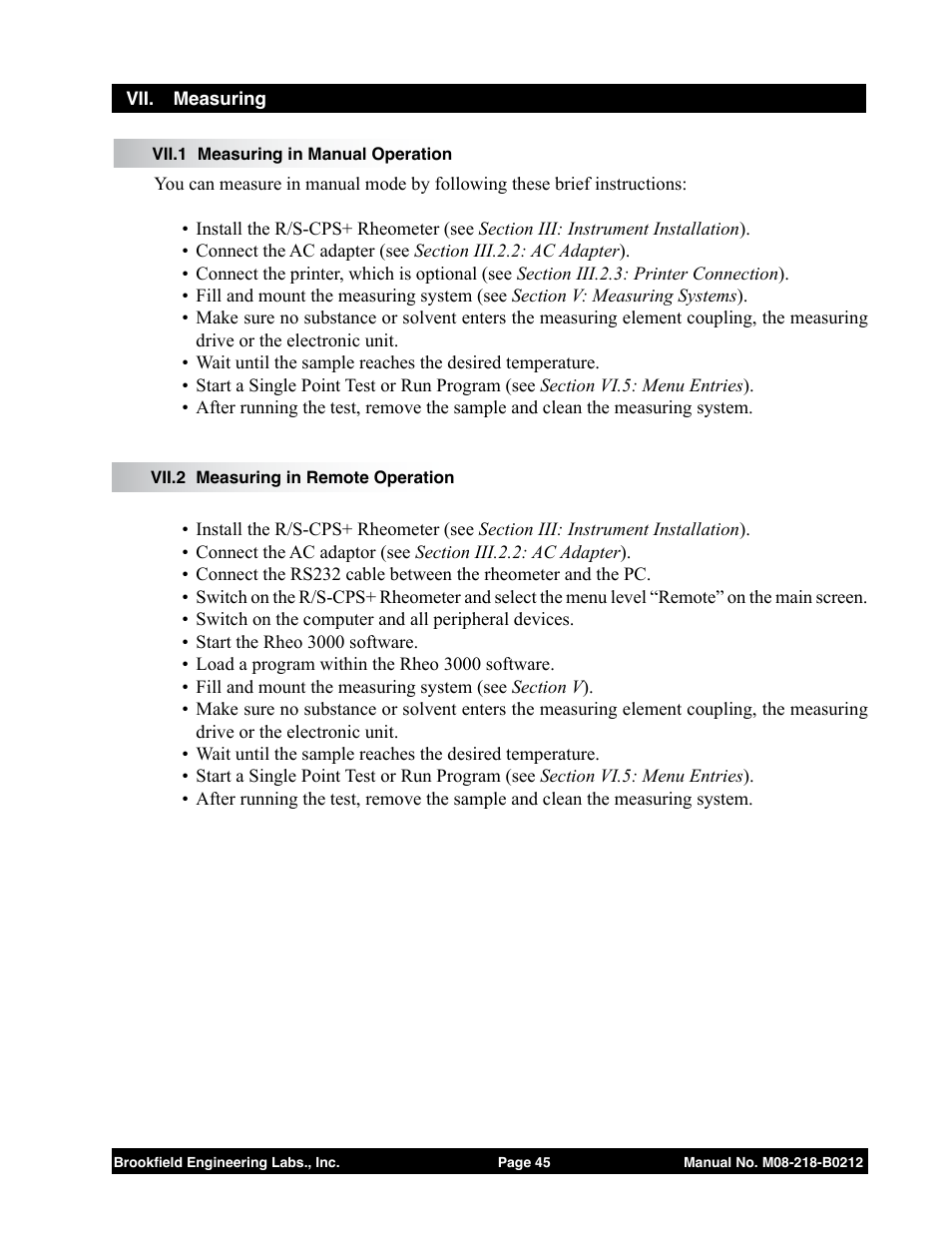 Vii. measuring, Vii.1 measuring in manual operation, Vii.2 measuring in remote operation | Brookfield R/S CPS Rheometer User Manual | Page 45 / 62