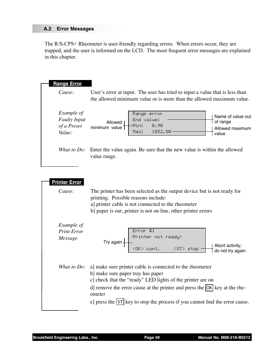 A.2 error messages | Brookfield R/S CPS Rheometer User Manual | Page 49 / 62