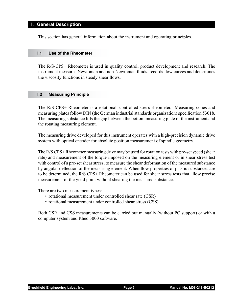 I. general description, I.1 use of the rheometer, I.2 measuring principle | Brookfield R/S CPS Rheometer User Manual | Page 5 / 62