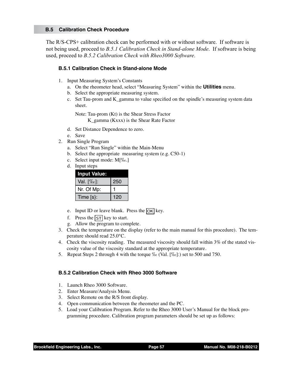 B.5 calibration check procedure, B.5.1 calibration check in stand-alone mode, B.5.2 calibration check with rheo 3000 software | Brookfield R/S CPS Rheometer User Manual | Page 57 / 62
