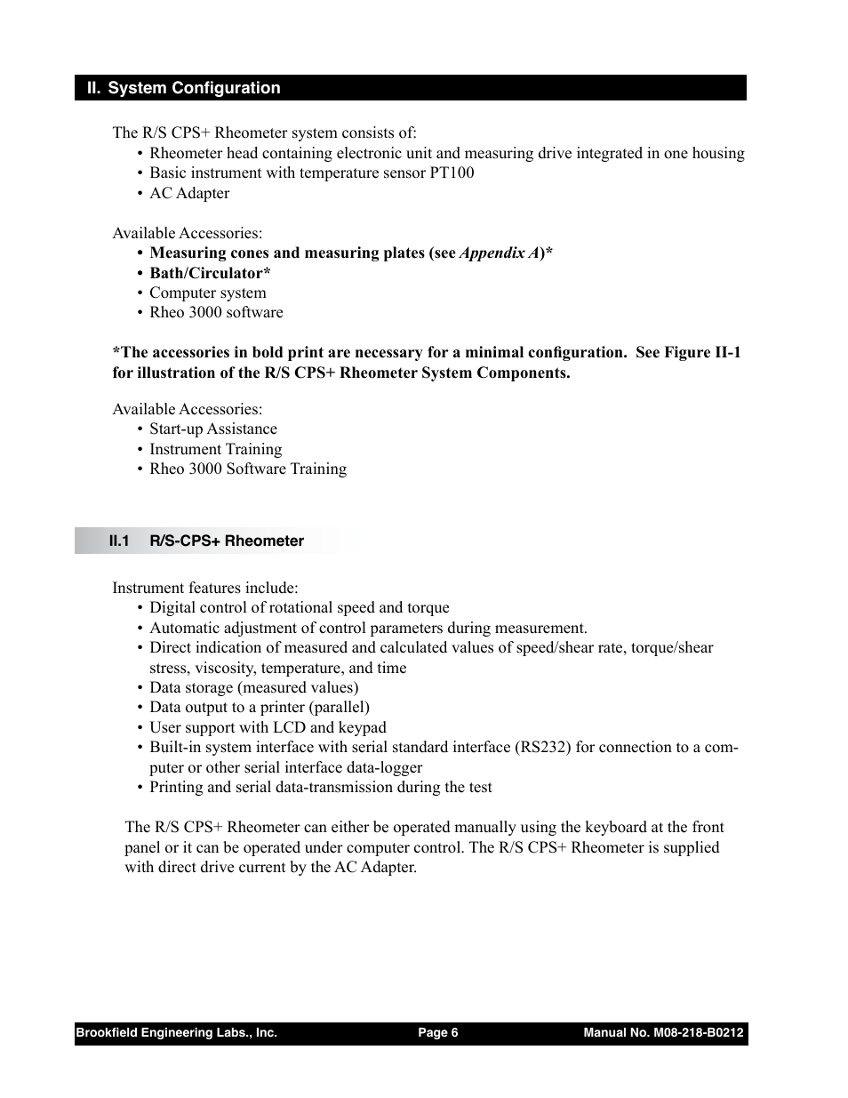 System configuration, Ii.1 r/s-cps+ rheometer | Brookfield R/S CPS Rheometer User Manual | Page 6 / 62