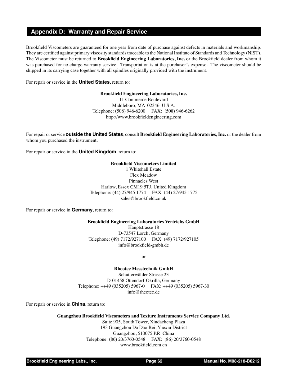 Appendix d: warranty and repair service | Brookfield R/S CPS Rheometer User Manual | Page 62 / 62