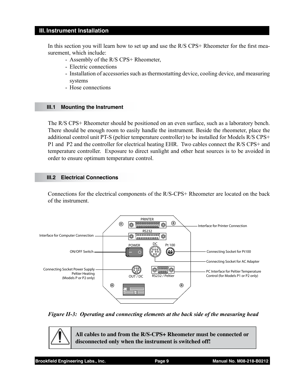 Iii. instrument installation, Iii.1 mounting the instrument, Iii.2 electrical connections | Brookfield R/S CPS Rheometer User Manual | Page 9 / 62
