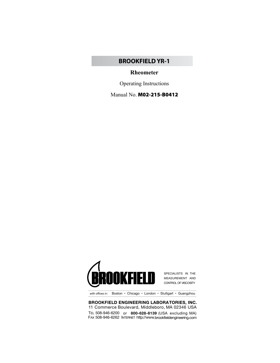 Brookfield YR-1 Rheometer User Manual | 64 pages