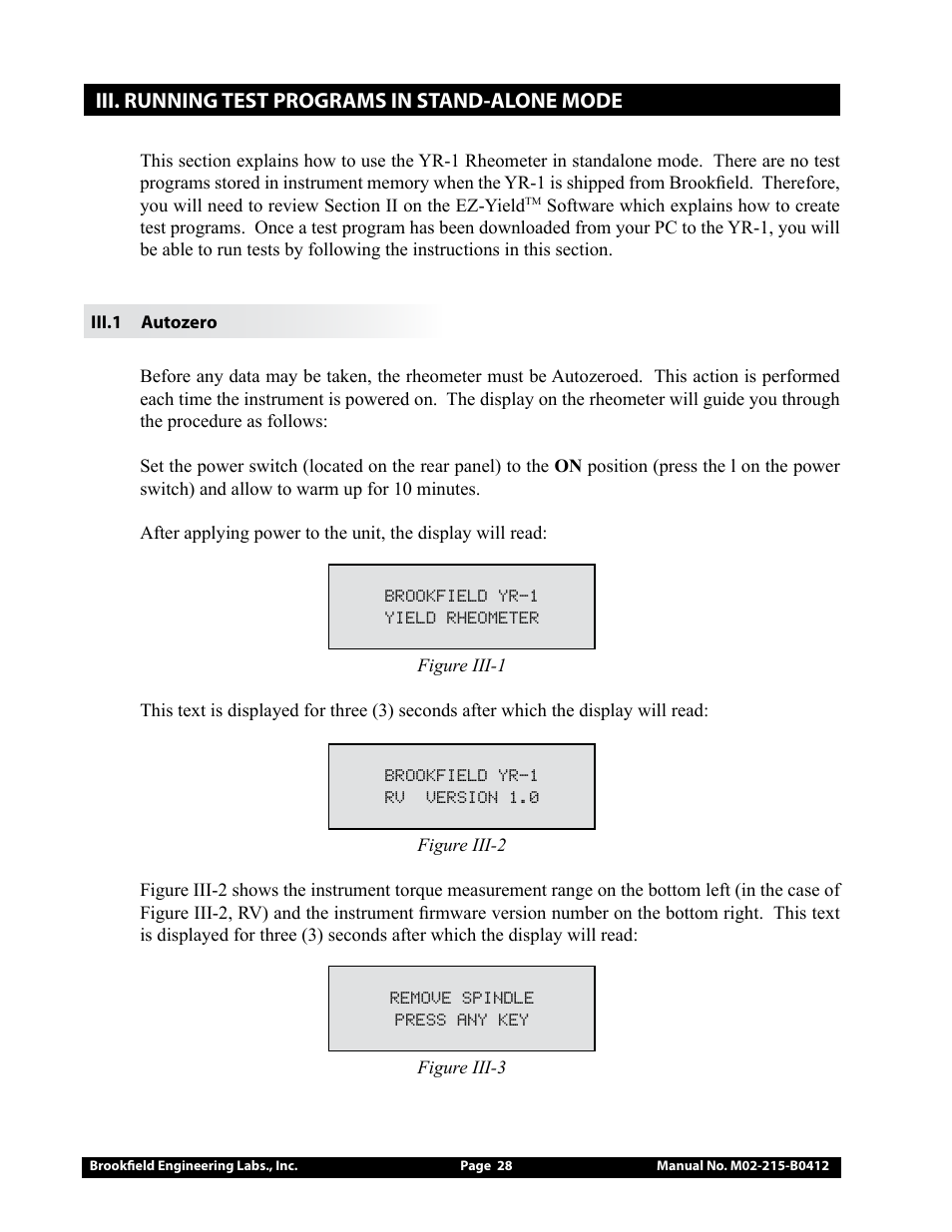 Iii. running test programs in stand-alone mode | Brookfield YR-1 Rheometer User Manual | Page 28 / 64