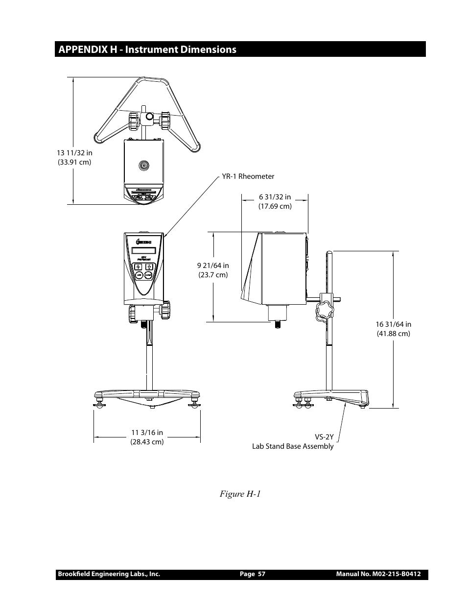 Appendix h - instrument dimensions | Brookfield YR-1 Rheometer User Manual | Page 57 / 64