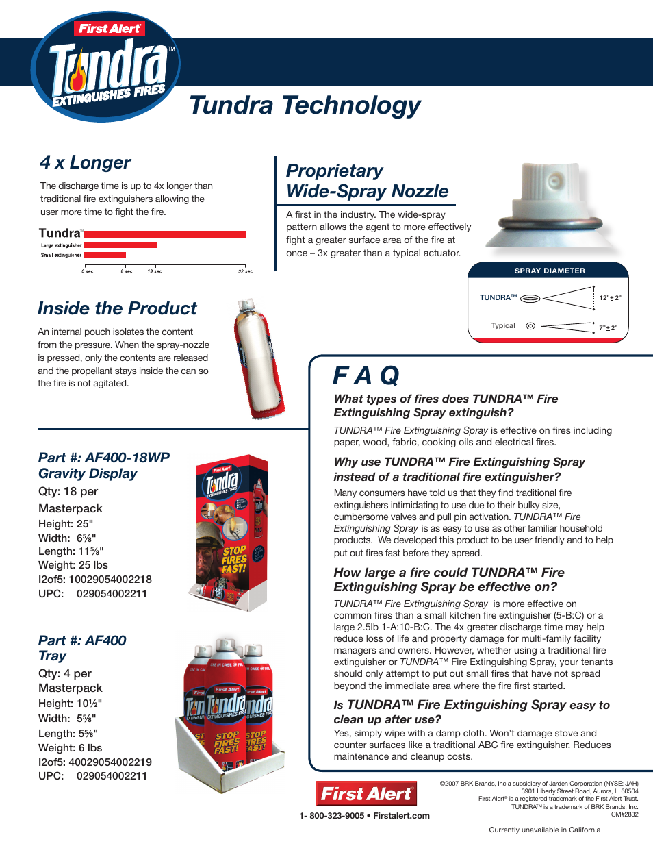 Tundra technology f a q, Inside the product, Proprietary wide-spray nozzle | 4 x longer, Part #: af400 tray, Tundra™ fire extinguishing spray | BRK electronic AF400 User Manual | Page 2 / 2