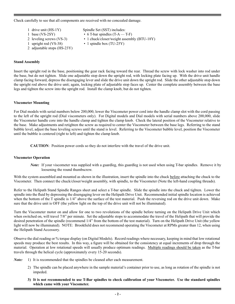 Stand assembly, Viscometer mounting, Viscometer operation | Brookfield Helipath Stand User Manual | Page 2 / 4