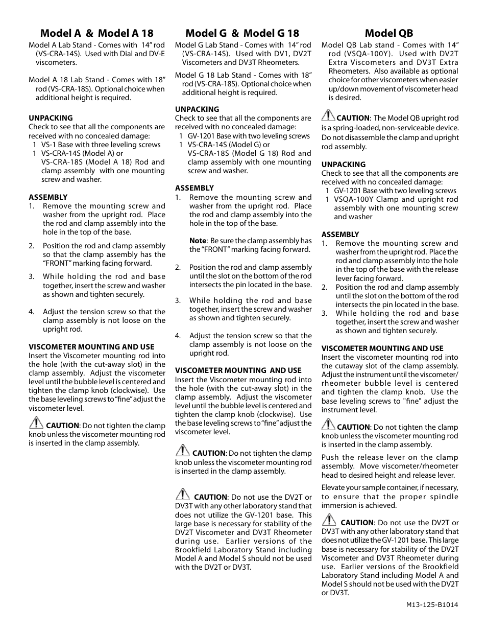 Model a & model a 18 model g & model g 18 model qb | Brookfield Lab Stand User Manual | Page 2 / 2