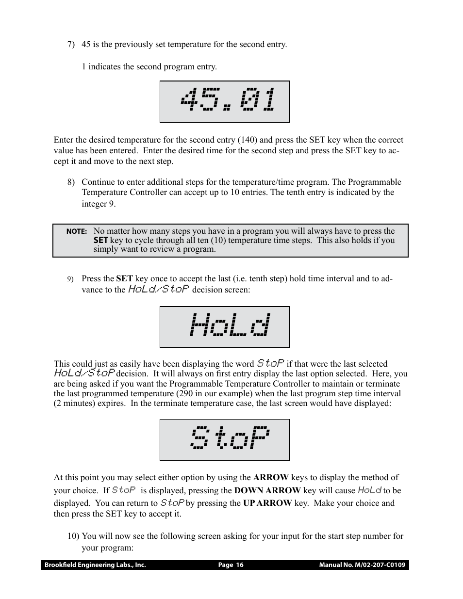 Hold, Stop | Brookfield Temperature Controller, Model 106 User Manual | Page 16 / 27
