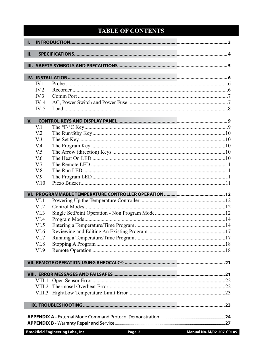 Brookfield Temperature Controller, Model 106 User Manual | Page 2 / 27