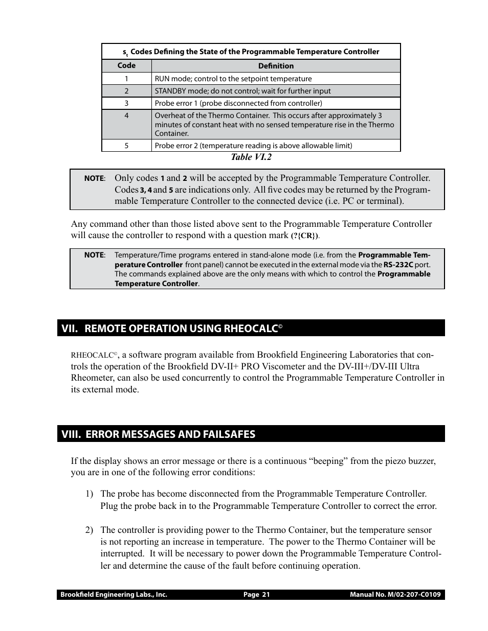 Vii. remote operation using rheocalc, Viii. error messages and failsafes | Brookfield Temperature Controller, Model 106 User Manual | Page 21 / 27