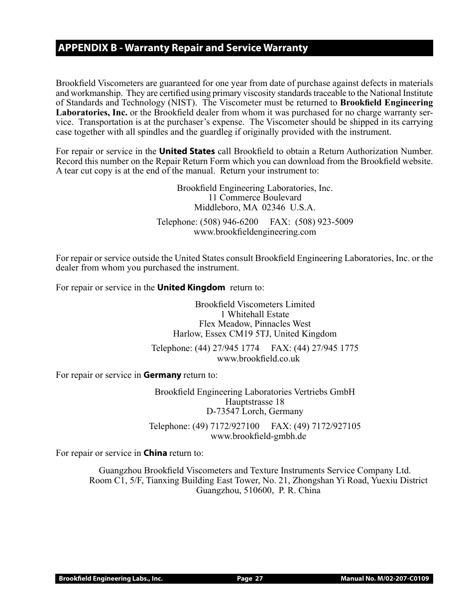 Brookfield Temperature Controller, Model 106 User Manual | Page 27 / 27