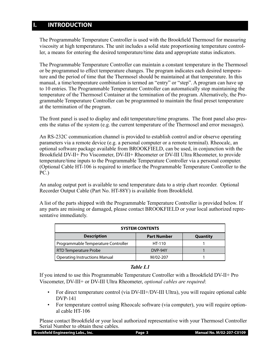I. introduction | Brookfield Temperature Controller, Model 106 User Manual | Page 3 / 27