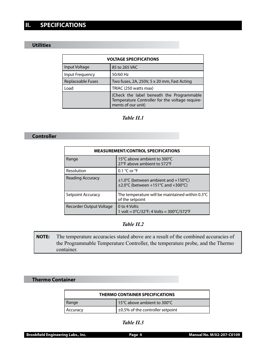 Ii. specifications | Brookfield Temperature Controller, Model 106 User Manual | Page 4 / 27