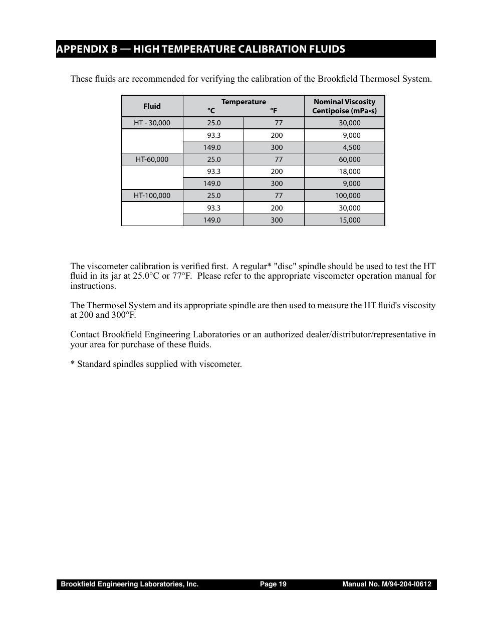 Appendix b — high temperature calibration fluids | Brookfield Thermosel User Manual | Page 19 / 25
