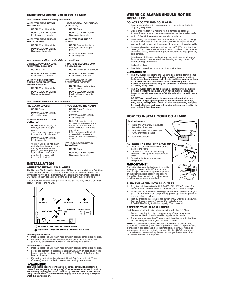Installation, Understanding your co alarm, Where co alarms should not be installed | How to install your co alarm | BRK electronic FCD2BT User Manual | Page 2 / 5