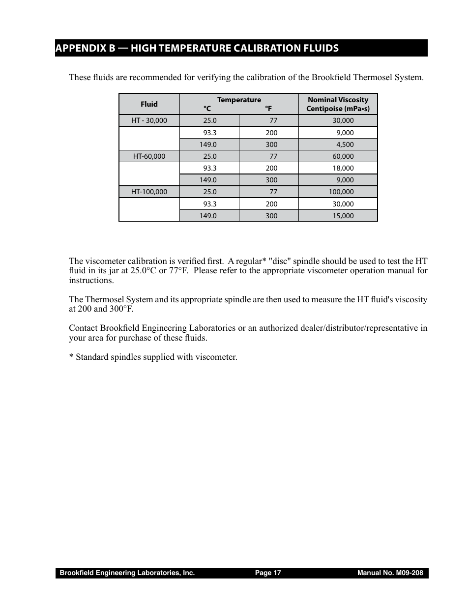 Appendix b — high temperature calibration fluids | Brookfield Thermosel with EZ-Lock User Manual | Page 17 / 22