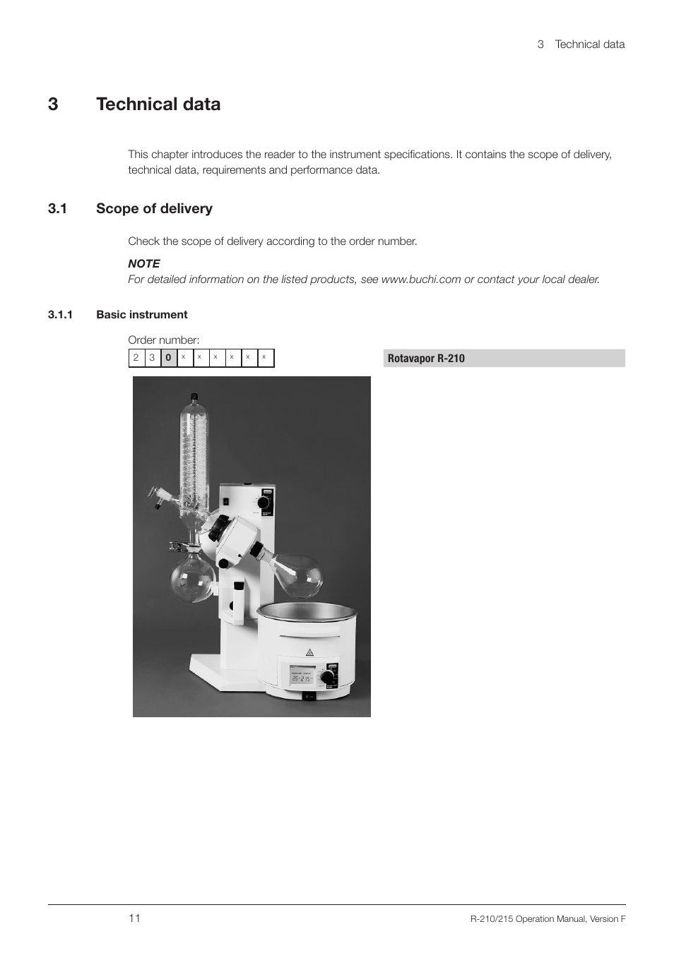 3 technical data, 1 scope of delivery, 1 basic instrument | Technical data 3.1, Scope of delivery, 3technical data, 3 .1 scope of delivery | BUCHI Rotavapo R-215 User Manual | Page 11 / 78