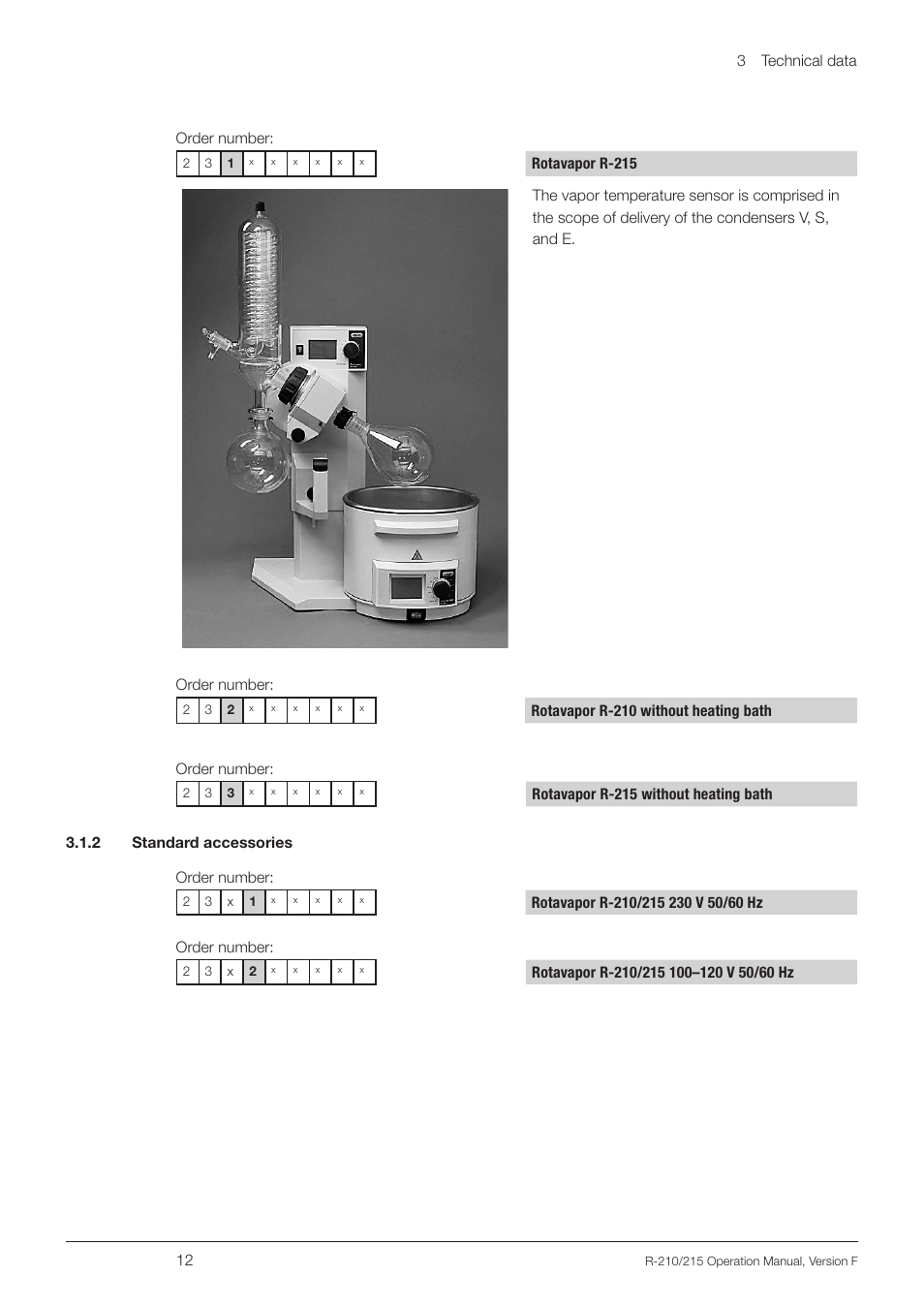 2 standard accessories, 3 technical data 12, Order number | Rotavapor r-210 without heating bath order number | BUCHI Rotavapo R-215 User Manual | Page 12 / 78