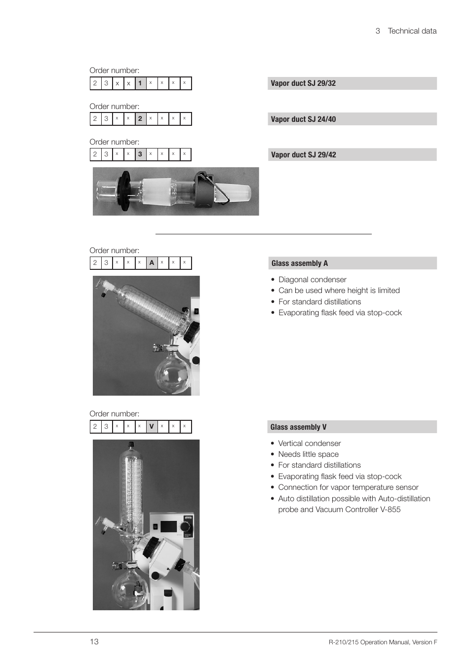3 technical data 13, Order number, Vapor duct sj 29/32 order number | Vapor duct sj 24/40 order number, Vapor duct sj 29/42 order number | BUCHI Rotavapo R-215 User Manual | Page 13 / 78