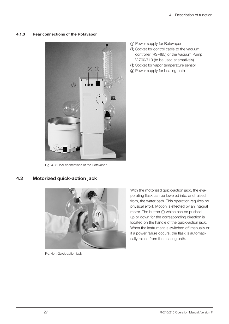 3 rear connections of the rotavapor, 2 motorized quick-action jack, 3 rear connections of the rotavapor 4.2 | Motorized quick-action jack, 4 .2 motorized quick-action jack | BUCHI Rotavapo R-215 User Manual | Page 27 / 78