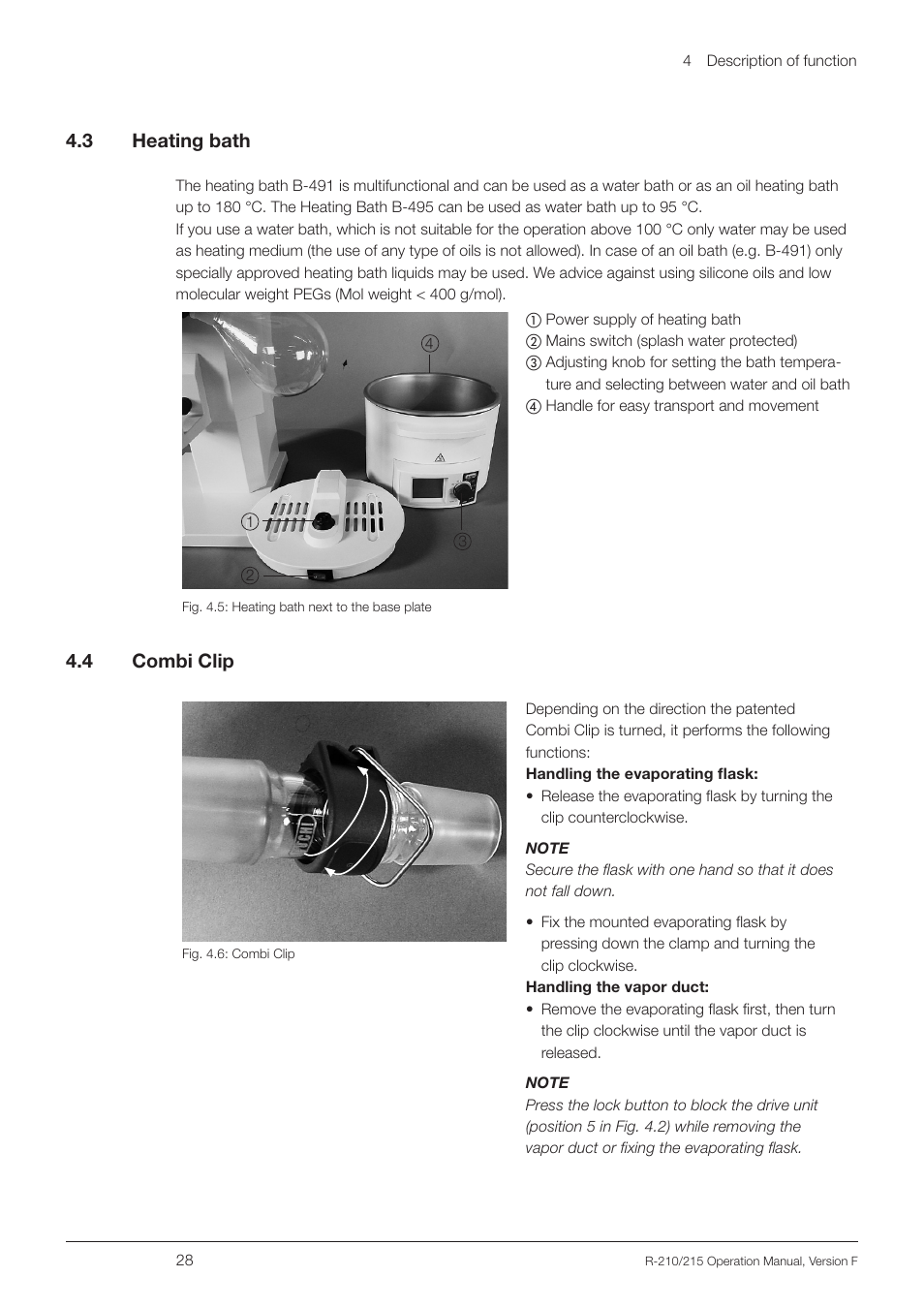 3 heating bath, 4 combi clip, Heating bath | Combi clip, 4 .3 heating bath, 4 .4 combi clip | BUCHI Rotavapo R-215 User Manual | Page 28 / 78