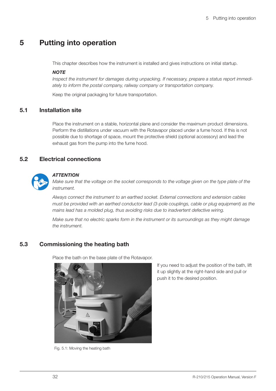 5 putting into operation, 1 installation site, 2 electrical connections | 3 commissioning the heating bath, Putting into operation 5.1, Installation site, Electrical connections, Commissioning the heating bath, 5putting into operation | BUCHI Rotavapo R-215 User Manual | Page 32 / 78