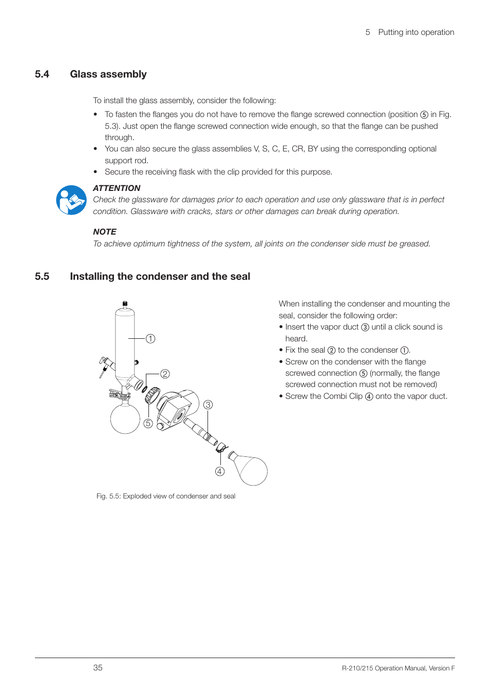 4 glass assembly, 5 installing the condenser and the seal, Glass assembly | Installing the condenser and the seal, 5 .4 glass assembly, 5 .5 installing the condenser and the seal | BUCHI Rotavapo R-215 User Manual | Page 35 / 78