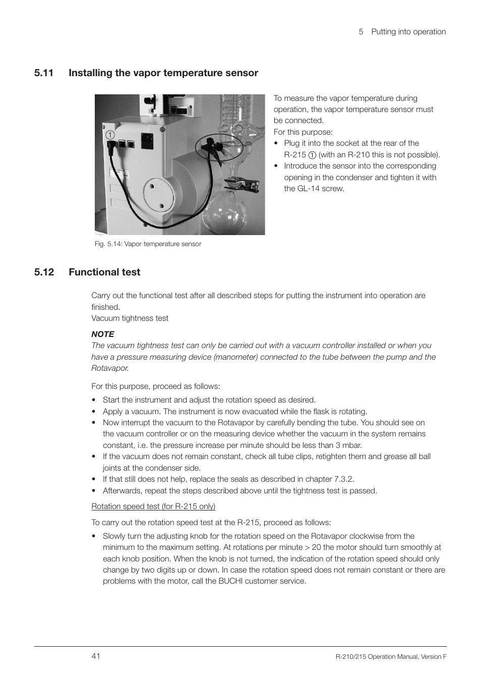 11 installing the vapor temperature sensor, 12 functional test, 5 .11 installing the vapor temperature sensor | 5 .12 functional test | BUCHI Rotavapo R-215 User Manual | Page 41 / 78