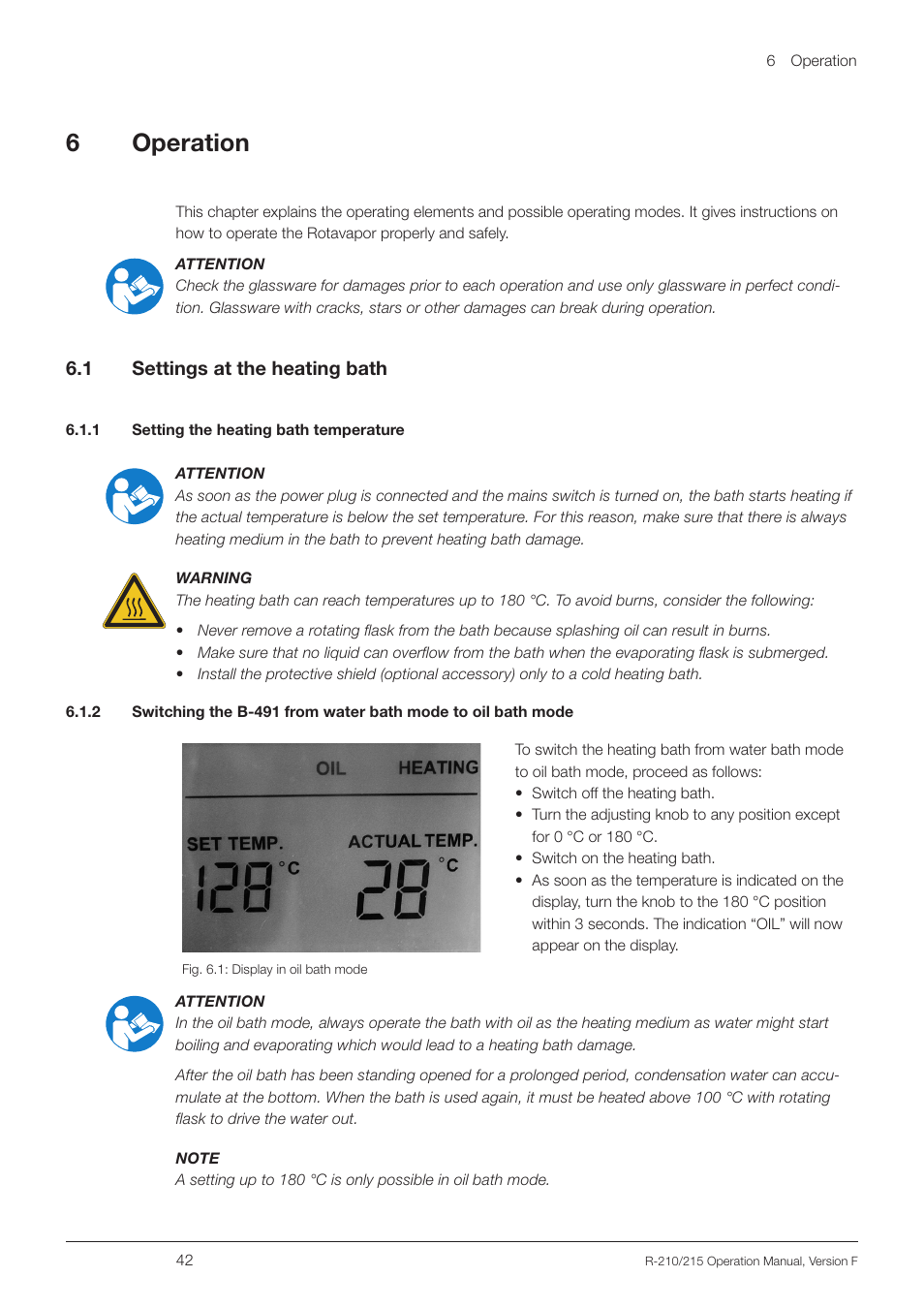 6 operation, 1 settings at the heating bath, 1 setting the heating bath temperature | Settings at the heating bath, 6operation | BUCHI Rotavapo R-215 User Manual | Page 42 / 78