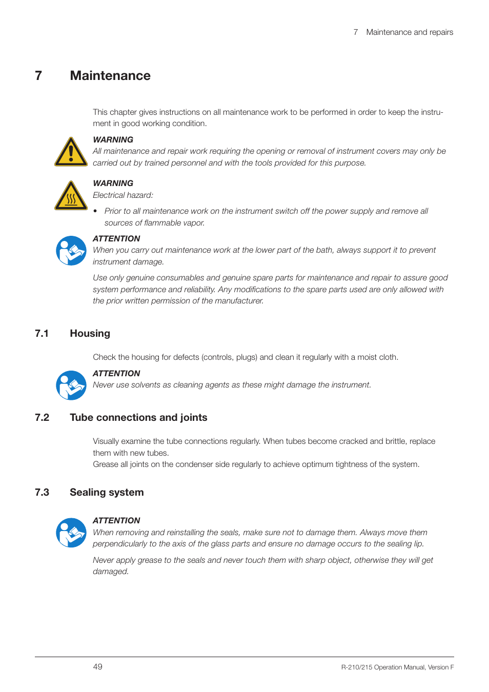 7 maintenance, 1 housing, 2 tube connections and joints | 3 sealing system, 1 housing 7.2, Tube connections and joints, Sealing system, 7maintenance | BUCHI Rotavapo R-215 User Manual | Page 49 / 78