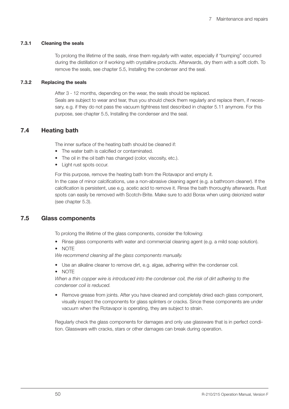 1 cleaning the seals, 2 replacing the seals, 4 heating bath | 5 glass components, 1 cleaning the seals 7.3.2 replacing the seals 7.4, Heating bath, Glass components | BUCHI Rotavapo R-215 User Manual | Page 50 / 78