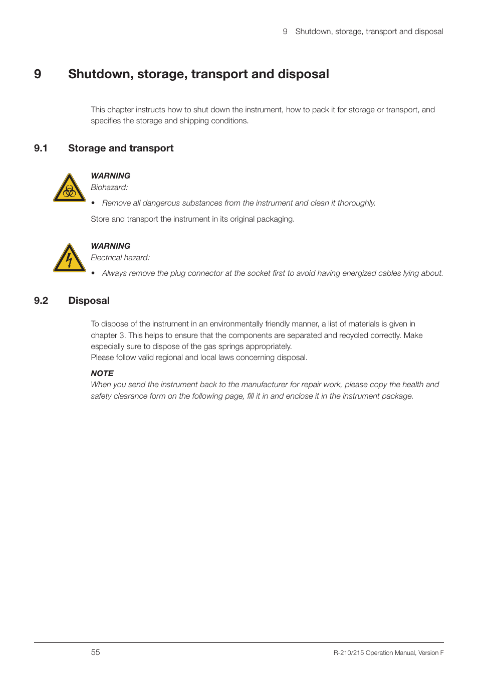 9 shutdown, storage, transport and disposal, 1 storage and transport, 2 disposal | Shutdown, storage, transport and disposal 9.1, Storage and transport, 9shutdown, storage, transport and disposal | BUCHI Rotavapo R-215 User Manual | Page 55 / 78