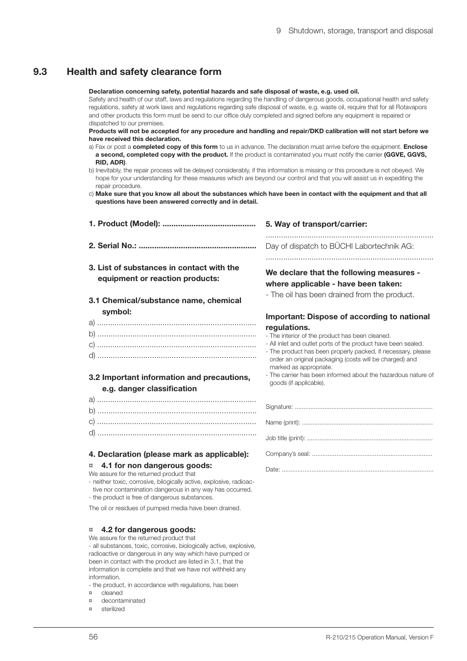 3 health and safety clearance form, Health and safety clearance form, 9 .3 health and safety clearance form | BUCHI Rotavapo R-215 User Manual | Page 56 / 78