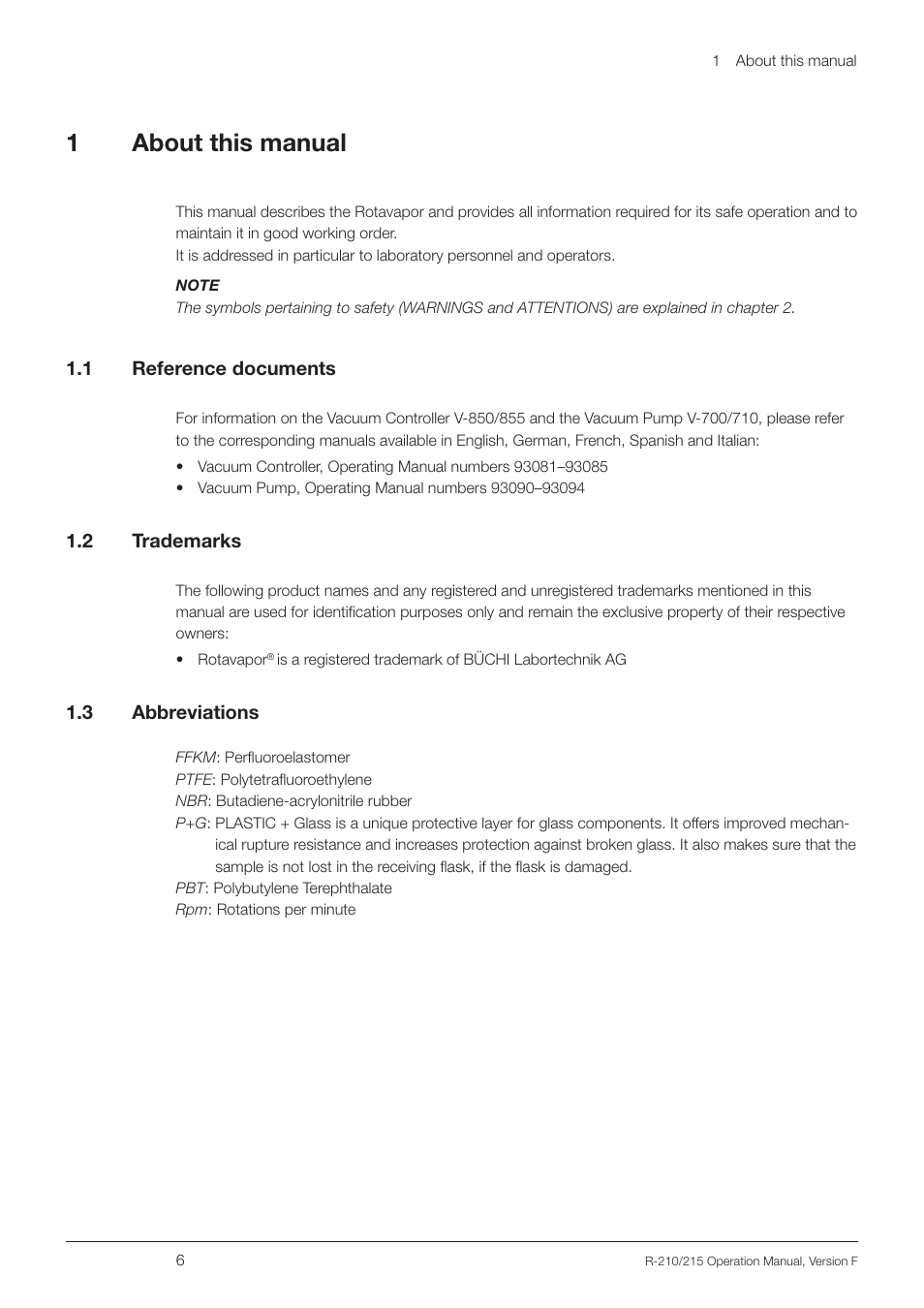 1 about this manual, 1 reference documents, 2 trademarks | 3 abbreviations, About this manual 1.1, Reference documents, 2 trademarks 1.3 abbreviations, 1about this manual | BUCHI Rotavapo R-215 User Manual | Page 6 / 78