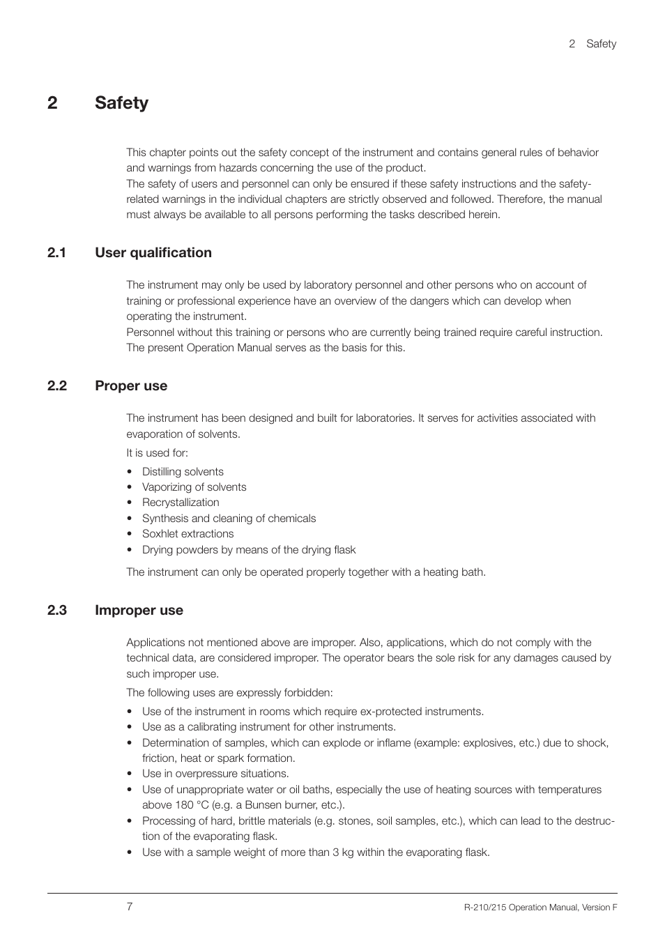 2 safety, 1 user qualification, 2 proper use | 3 improper use, User qualification, Proper use, Improper use, 2safety | BUCHI Rotavapo R-215 User Manual | Page 7 / 78