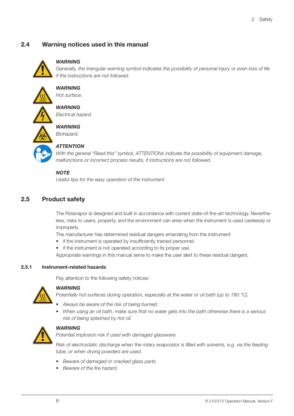 4 warning notices used in this manual, 5 product safety, 1 instrument-related hazards | Warning notices used in this manual, Product safety, 2 .4 warning notices used in this manual, 2 .5 product safety | BUCHI Rotavapo R-215 User Manual | Page 8 / 78