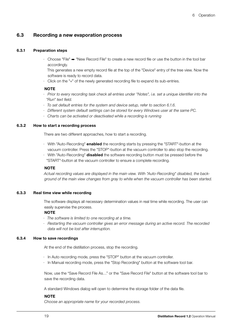 3 recording a new evaporation process, 1 preparation steps, 2 how to start a recording process | 3 real time view while recording, 4 how to save recordings, Recording a new evaporation process, 6 .3 recording a new evaporation process | BUCHI Vacuum Controller V-855 User Manual | Page 19 / 22