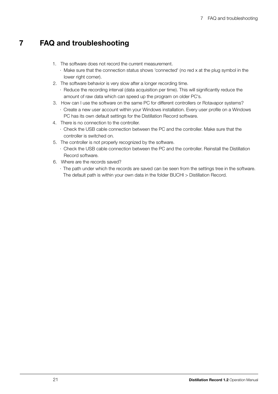 7 faq and troubleshooting, Faq and troubleshooting, 7faq and troubleshooting | BUCHI Vacuum Controller V-855 User Manual | Page 21 / 22