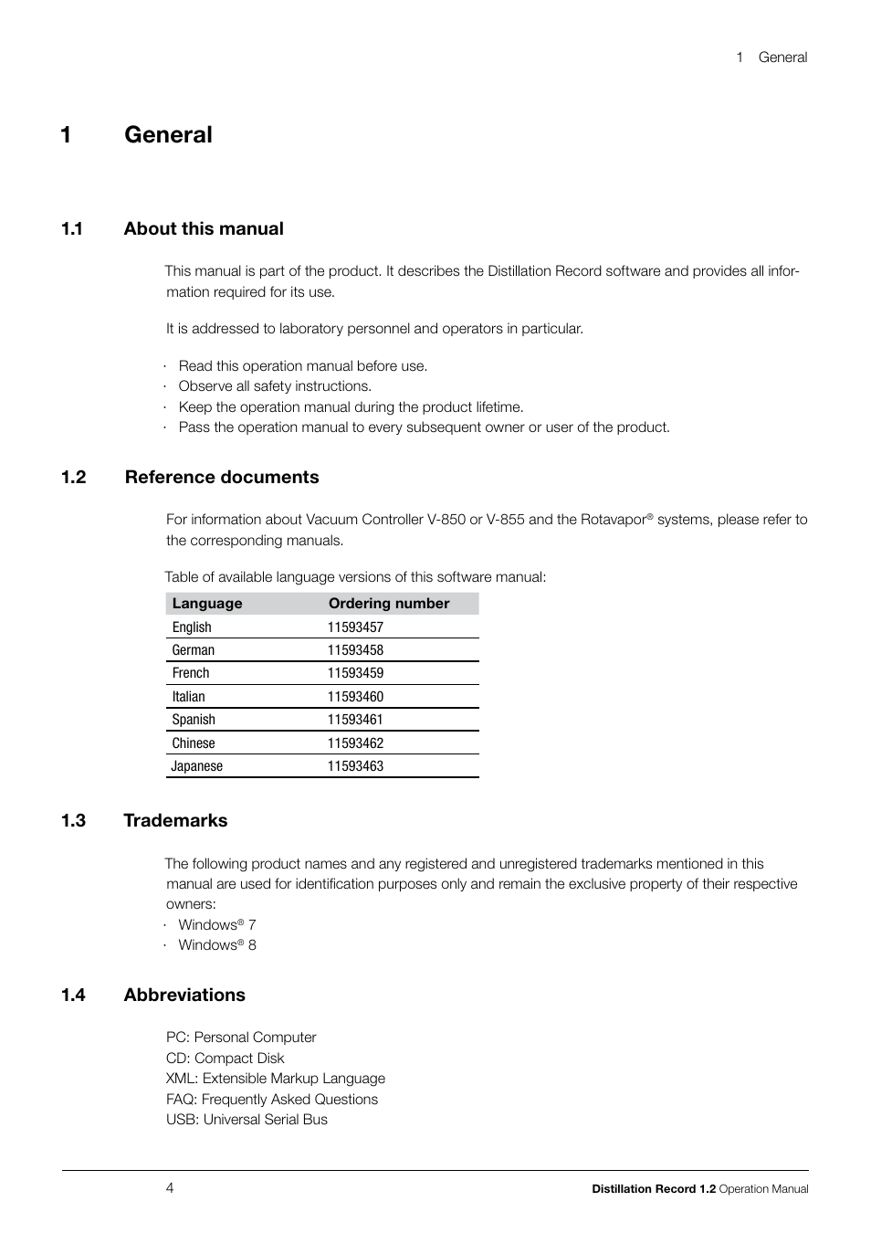 1 general, 1 about this manual, 2 reference documents | 3 trademarks, 4 abbreviations, General, About this manual, Reference documents, 3 trademarks 1.4 abbreviations, 1general | BUCHI Vacuum Controller V-855 User Manual | Page 4 / 22