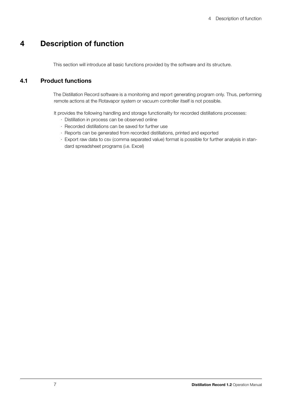 4 description of function, 1 product functions, Description of function | Product functions, 4description of function | BUCHI Vacuum Controller V-855 User Manual | Page 7 / 22