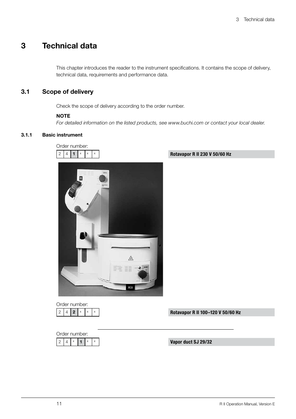 3 technical data, 1 scope of delivery, 1 basic instrument | Technical data 3.1, Scope of delivery, 3technical data, 3 .1 scope of delivery | BUCHI Rotavapo R II User Manual | Page 11 / 58