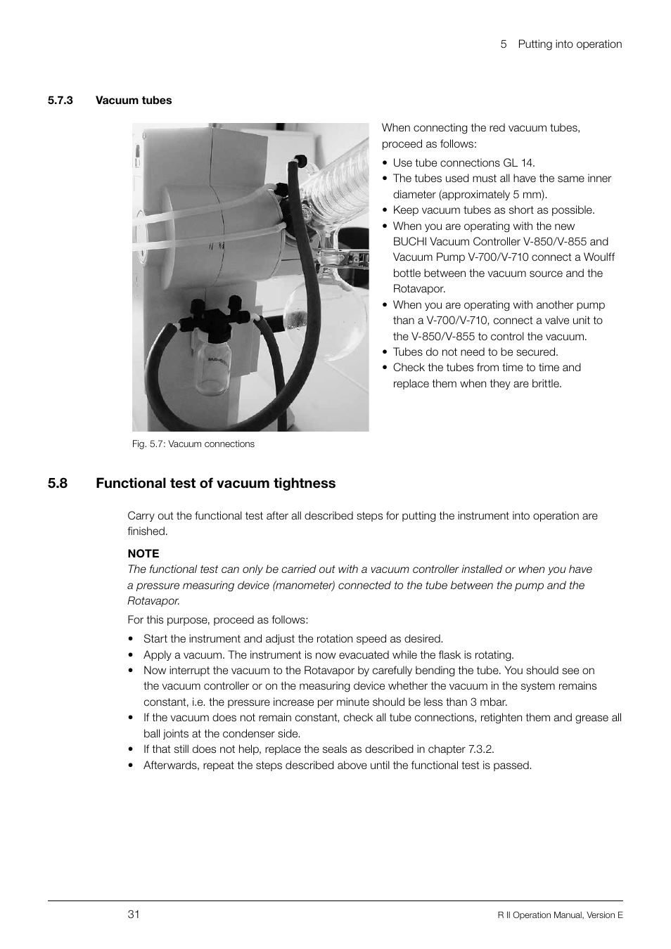 3 vacuum tubes, 8 functional test of vacuum tightness, 3 vacuum tubes 5.8 | Functional test of vacuum tightness, 5 .8 functional test of vacuum tightness | BUCHI Rotavapo R II User Manual | Page 31 / 58