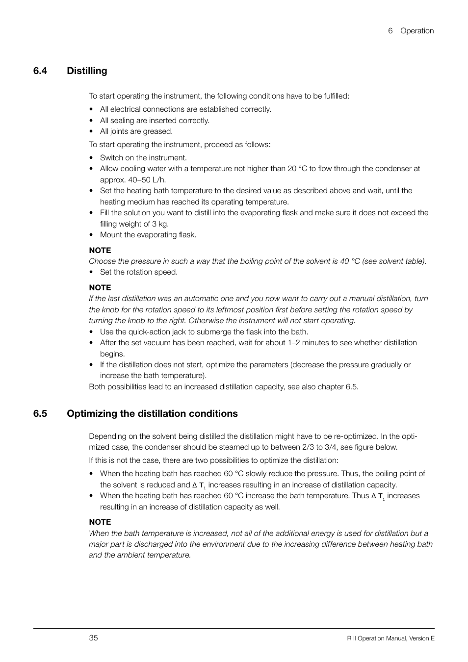 4 distilling, 5 optimizing the distillation conditions, 4 distilling 6.5 | Optimizing the distillation conditions, 6 .4 distilling, 6 .5 optimizing the distillation conditions | BUCHI Rotavapo R II User Manual | Page 35 / 58